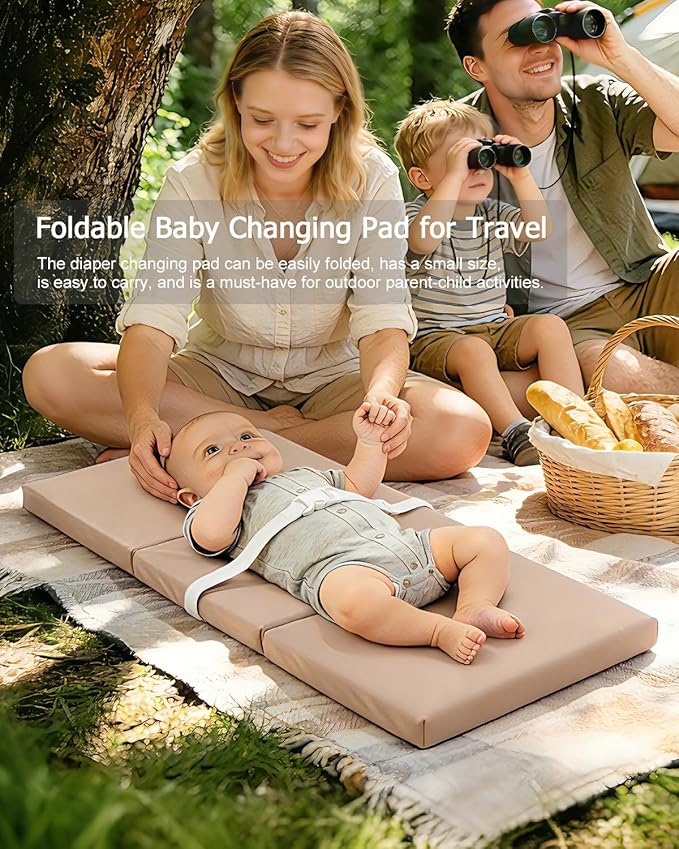 YACODAVO Foldable Baby Changing Pad with Vegan Leather Cover, Standard Side Waterproof & Wipeable Changing Pad for Toddler, Flat Foam Travel Diaper Changing Pad for Dresser and Table, Light Brown
