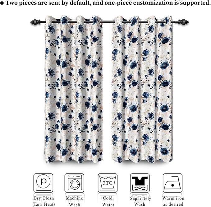 Renaiss Blue and White Floral Blackout Curtains Gold Line Rose Flowers Thermal Insulated Window Drapes for Bedroom 29W x 45L inches 2 Panel Set Window Curtain Panels for Kitchen