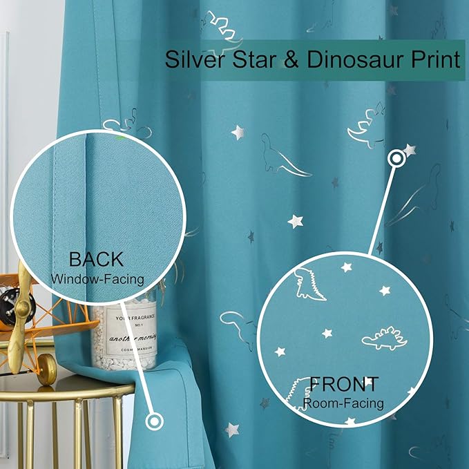 LORDTEX Dinosaur and Star Foil Print Blackout Curtains for Kids Room - Thermal Insulated Curtains Noise Reducing Window Drapes for Boys and Girls Bedroom, 42 x 63 Inch, Teal, Set of 2 Panels