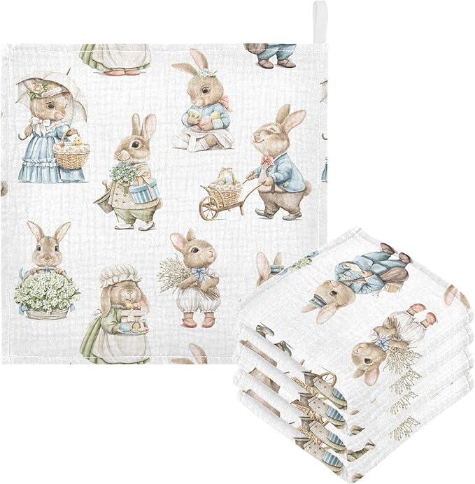 Vvfelixl Muslin Washcloths Easter Rabbits Bunny Baby Burp Cloths Cotton Face Towel for Newborn Infants Boys Girls - Soft and Absorbent 11.8 X 11.8 in, 3 Pack