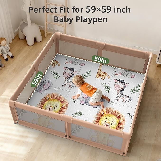 59x59 Foldable Foam Baby Play Mat for Floor, Babies Activity Tummy Time Playmat, Kids Non Toxic Foam Thick Play Mat for Baby, Toddlers, Waterproof & Anti-Slip Crawling Mats,Lion,59x59x0.4