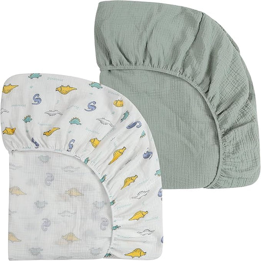 Onacosht Muslin Mini Crib Sheets, 39" x 27" Pack and Play Mattress Sheets Fitted for Pack N Play, Soft Cotton for Boys Girls, 2 Pack, Dinosaur and Light Green