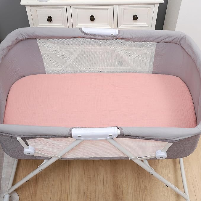 Onacosht Muslin Bassinet Sheets 3 Pack, 100% Cotton Baby Fitted Sheet 33" x 19" Compatible with Mika Micky, KoolaBaby (3 in 1), BabyBond, HARPPA and RICUTON Bedside Bassinet, Solid Pink and Feather