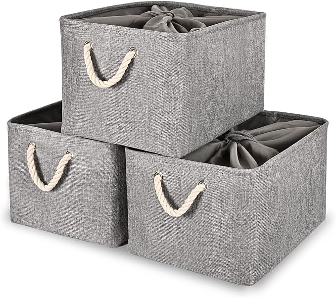 HOdo Home 3PCS Storage Bins, Fabric Bin with Drawstring Closure and 2 Bold Handles, Collapsible Large Canvas Baskets for Organizing Shelf Nursery Home Closet (15.8×11.8×9.5 In, Grey)