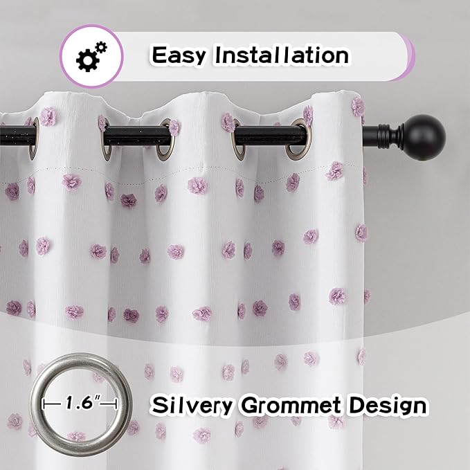 MYSKY HOME Total Blackout Curtains for Girls Bedroom with Purple Pom Pom Sheer 90 Inch Long 100% Light Blocking Curtains for Living Room 2 Panels Room Darkening Grommet Double Layer Drapes 52" x 90"