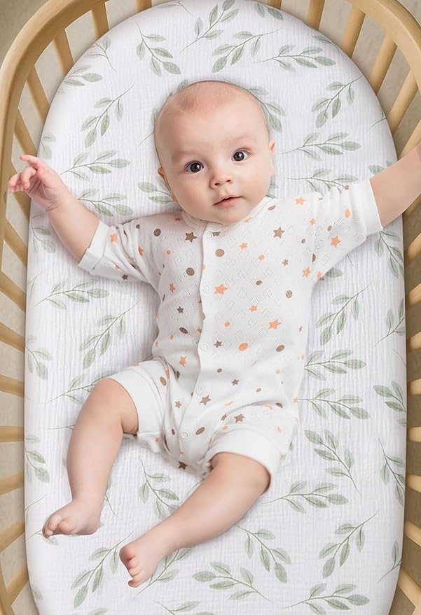 Organic Cotton Muslin Bassinet Sheets, 2 Pack – Soft, Breathable, Universal Fit for Oval, Rectangle & Hourglass Mattresses, Machine Washable, Neutral Colors for Baby Boys & Girls
