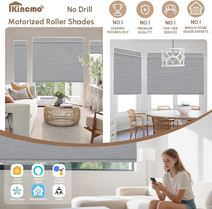 Kincmo No Drill Motorized Blinds with Remote, 100% Blackout Roller Shades for Windows, Custom Electric Blinds Compatible with Alexa, Apple Homekit, Google Home (100% Blackout Elegant Grey)