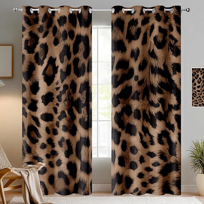 Sexy Leopard Print Blackout Curtains, Wild Animal Cheetah Print Brown Black Fur Window Drapes, Living Room Bedroom Decor 2 Panels 52x96 Inch