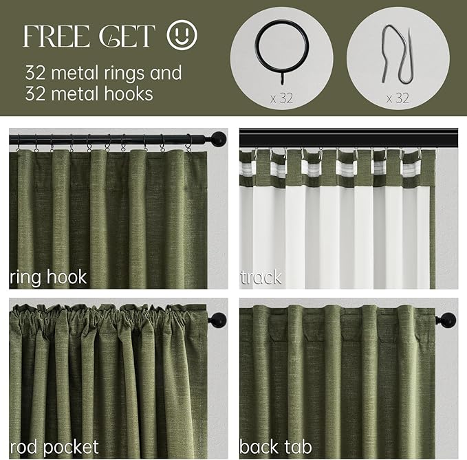 Green Blackout Curtains 95 Inches Long 2 Panels Set Room Darkening Vintage Farmhouse Country Linen Curtain Drapes for Bedroom Heavy Duty Thick Soundproof Viral Pleated Drapes(W52 x L95 Olive)