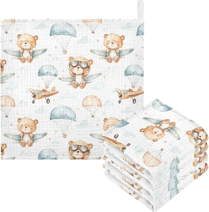 vvfelixl Baby Muslin Washcloths Cute Bear Pilot Baby Burp Cloths Cotton Babys Face Towel for Newborn Infants Boys Girls Soft and Absorbent 11.8 X 11.8 in, 3 Pack