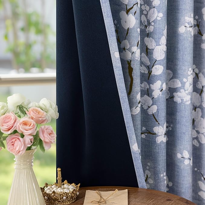 FMFUNCTEX 100% Blackout Floral Curtains for Bedroom, Blue Curtains 84 inches Long Blossom Flower Patterned for Living Room,Thermal Insulated Farmhouse Drapes, Grommet Top 2 Panels (White on Blue)