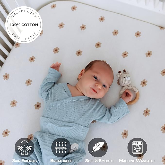 Dreamology Crib Sheets Cotton,2 Pack,Soft,Standard Crib Sheets,100% Cotton Crib Sheet,for Boy,Girl, Baby Mattress Sheets and Toddler Bed Sheets, 28x52 Crib Mattress Sheets | Brown and Flowers
