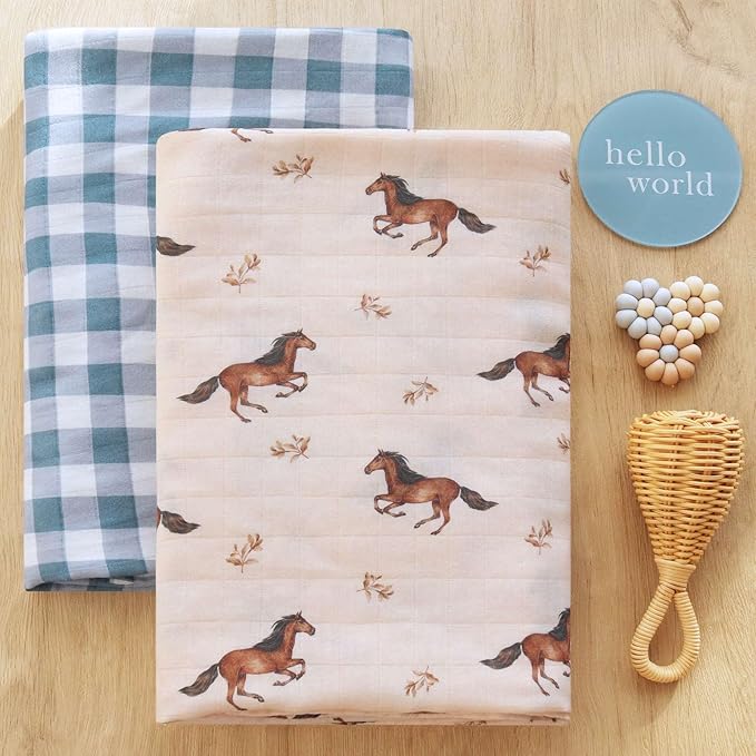 LifeTree Baby Swaddle Blankets, Boys Girls Muslin Swaddling Wrap Receiving Blanket for Newborn, 70% Viscose from Bamboo and 30% Cotton, Large 47" x 47", Horse and Blue Checkered Pattern