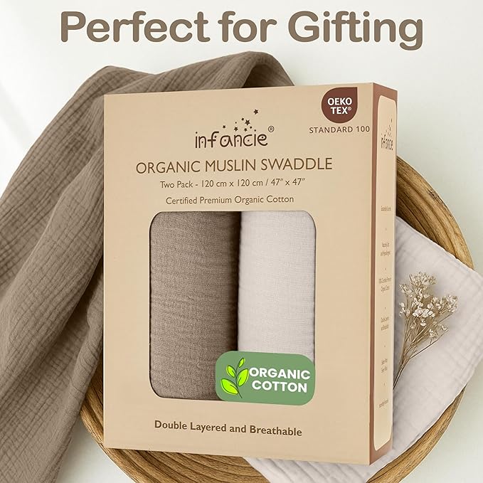 100% Organic Cotton Muslin Baby Blanket - 47 x 47 Inch Breathable Baby Girl Swaddle Blanket, Hypoallergenic Double-Layer, Soft and Cozy Baby Blankets for Sleeping & Everyday Use (Olive/Ivory)
