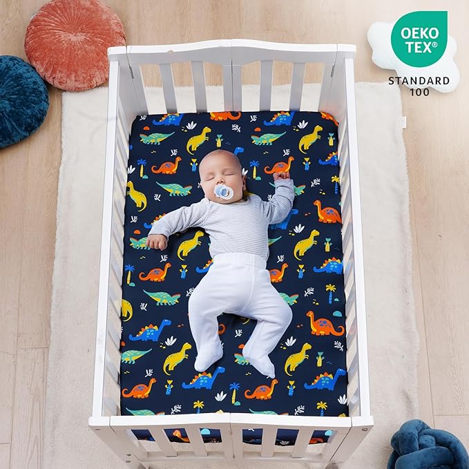 david's kids 3 Pack Mini Crib Sheets, Soft Breathable Premium Pack N Play Sheets for Baby Boys Girls Neutral, Playard and Mini Crib Mattresses, Dinosaur