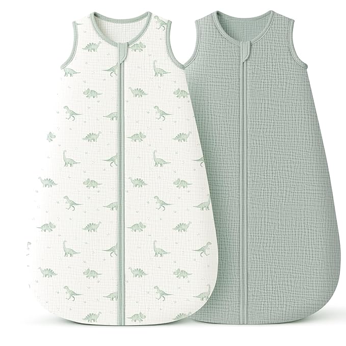 Konssy Muslin Baby Sleep Sack 0-6 Months 0.8 TOG, 2 Pack 100% Cotton Wearable Blanket for Babies, 2-Way Zipper Breathable Sleeping Sack Infant Toddler Essentials for Girls and Boys (Green Dino,Green)