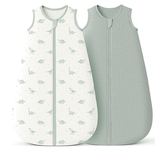 Konssy Muslin Baby Sleep Sack 0-6 Months 0.8 TOG, 2 Pack 100% Cotton Wearable Blanket for Babies, 2-Way Zipper Breathable Sleeping Sack Infant Toddler Essentials for Girls and Boys (Green Dino,Green)