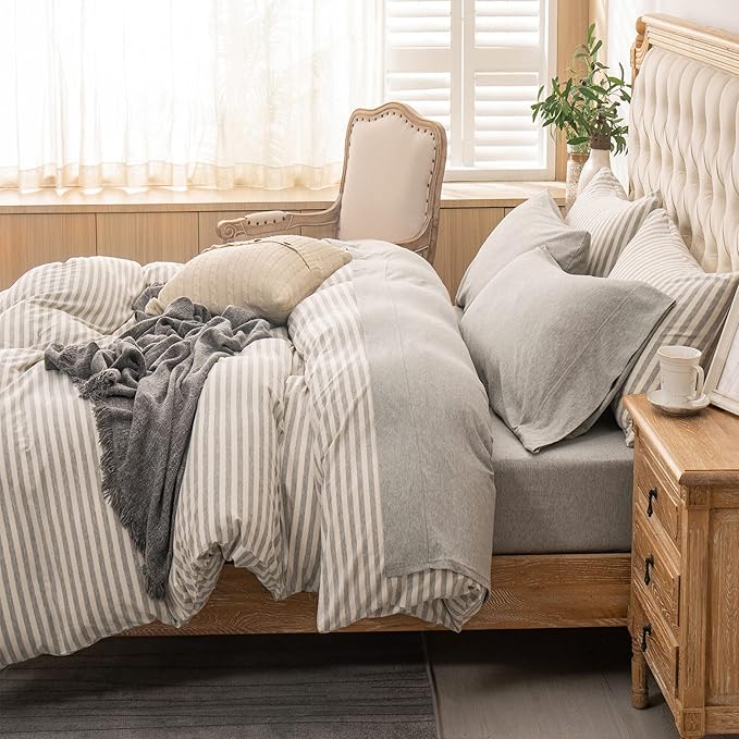 PURE ERA Jersey Knit 4pc Bed Sheet Set 100% T-Shirt Heather Cotton Super Soft Comfy Breathable Fits Mattress Up to 20" Extra Deep Pocket (Heather Light Grey, Full)