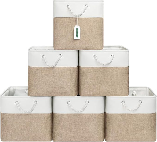 13x13 Inch Cube Storage Bins with Reinforced Bottom Cardboard, 6 Pack Large Foldable Fabric Storage Cubes with Handles for Shelf, Closet, Laundry Organization (White&Khaki)
