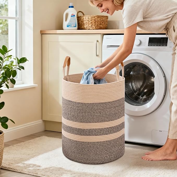 60L Striped Laundry Basket, Dark Brown Laundry Hamper with Leather Handles, Woven Cotton Rope Storage Bin for Blankets, Nursery Hamper for Clothes, Toys In Bathroom, Livingroom, Bedroom