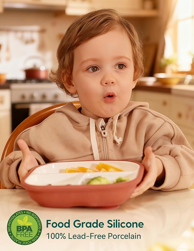 BABELIO 8'' Toddler Porcelain Plates with Silicone Suction Sleeves, Lead & BPA Free, Divided, Microwave & Dishwasher Safe, Stay Put, Suitable for Kids/Babies, Matcha Green