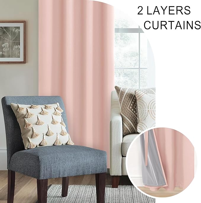 XWZO 100% Blackout Curtains 2 Panels with Tiebacks- Heat and Full Light Blocking Window Treatment with Black Liner for Girl's Room/Nursery, Grommet, Blush Pink, W52 x L84 Inches Long, Set of 2