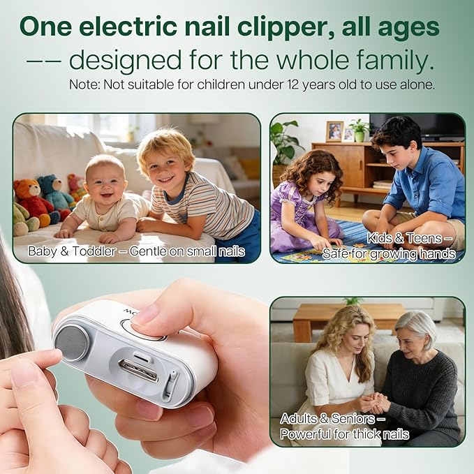 Electric Nail Clipper for Seniors Adults & Baby, Automatic Smart Nail Clipper with LED Light & Dual Blades (Wide & Narrow), Painless Nail Cutter with Anti-Splash Catcher for Thick Toenails