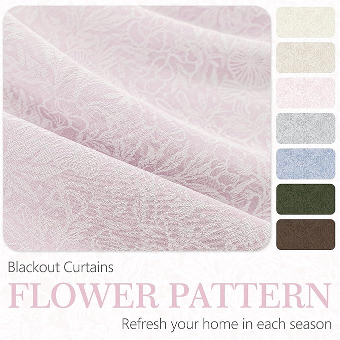Metro Parlor Pink Floral Blackout Curtains 63 Inch Length for Bedroom, Jacquard Chenille Patterned Vintage Flower Curtains for Living Room Darkening Thermal Insulated Grommet Window Drapes, 2 Panels