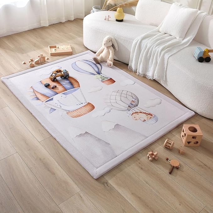 Hakuna Matte CloudSoft Baby Play Mat for Floor 47 x 67 Dinosaur Balloons – Coral Velvet Memory Foam Rug for Crawling Cozy Play – Non-Slip, Water-Resistant, Easy-Care Tummy Time Mat Playmat for Playpen