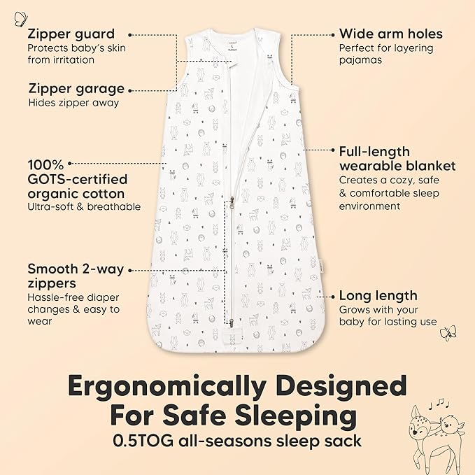 2-Pack Baby Sleep Sacks, Zipper Wearable Blanket - 0.5TOG Organic Cotton, Lightweight, Soft Cozy Toddler Sleeping Sack 6-12 months, Easy to Wear Large Newborn Transition Swaddles Sleepsacks (Woodland)