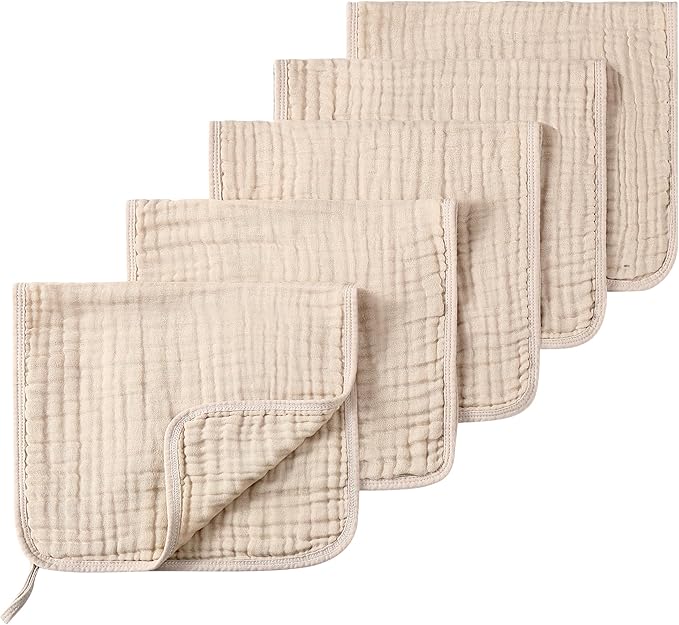 SnugOre Muslin Burp Cloths 5 Pack Large 20x12 inches Baby Burping Cloths, 6-Layer 100% Cotton for Newborn Boys Girls, Ultra Soft & Absorbent （Apricot Color）