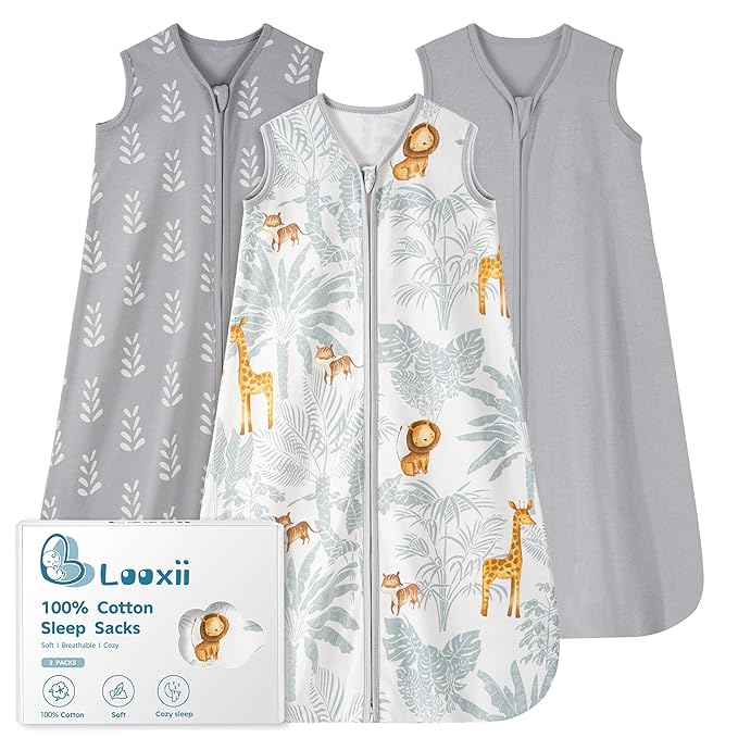 Looxii Baby Sleep Sack 0.5 TOG, 100% Cotton 3 Pack Wearable Blanket Baby Sleep Bag for Newborn Infant, 2-Way Zipper Lightweight Toddler Sleeping Sack 12-18 Months