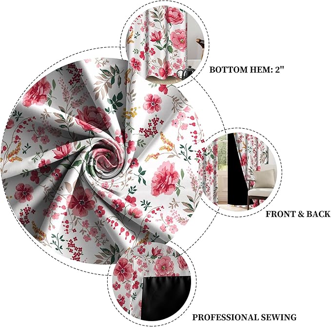 Renaiss Pink Rose Floral Curtains Red Peony Flowers Blackout Window Curtains for Bedroom Thermal Insulated Living Room Window Drapes 29W x 55L Inches 2 Panel Set, Grommet Top
