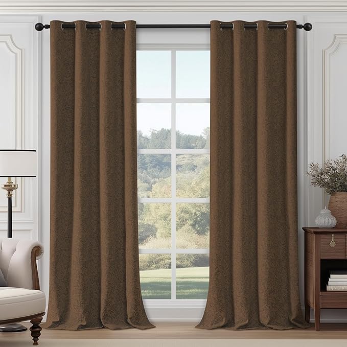 Metro Parlor Brown Floral Blackout Curtains 84 Inches Long for Bedroom, Jacquard Chenille Patterned Vintage Flower Curtains for Living Room Darkening Thermal Insulated Grommet Window Drapes, 2 Panels