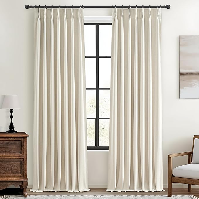 Extra Long Pleated Black Out Curtains 108 Inches Long for Living Room, Boho Cream Natural Linen Blend Patio Door Curtain with Track Back Tab 2 Panels Set Insulated Privacy Window Drapes 9 FT Length