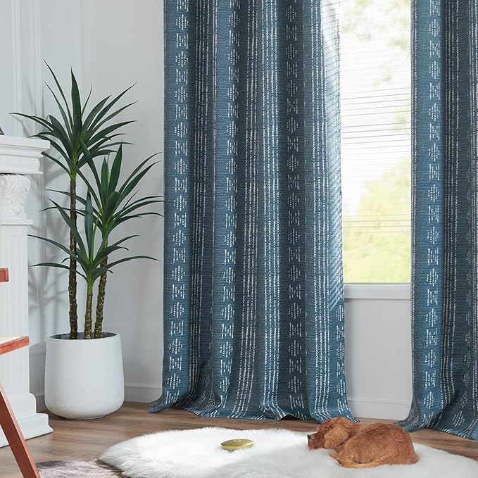 jinchan 95% Blackout Boho Curtains 54 Inch Length for Bedroom White on Blue Geometric Printed Grommet Top Room Darkening Thermal Insulated Window Drapes 2 Panels