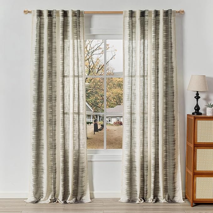 MYSKY HOME Ceiling Curtains for Living Room, Farmhouse Style Lines Printed Curtains 95 Inches Long Semi Sheer Drapes for Living Room, Modern Style Room Divider Curtains, 50"x95", Khaki, 2 PCs