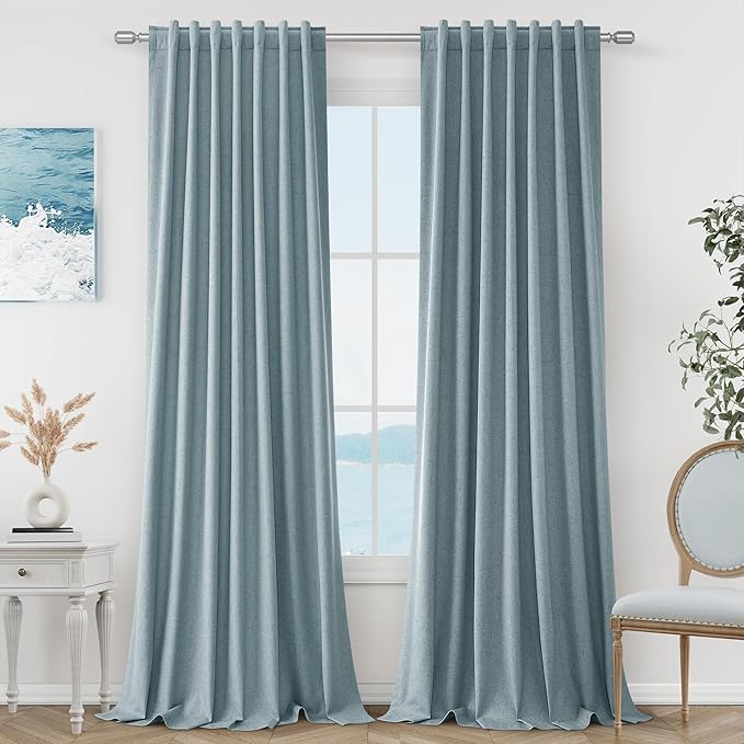 Guken Blue 100% Blackout Curtains 86 Inch Length 2 Panels Set for Living Room Bedroom Back Tab Thermal Insulated Black Out Linen Drapes Room Darkening Window Curtains 86 Inches Long Dusty Blue