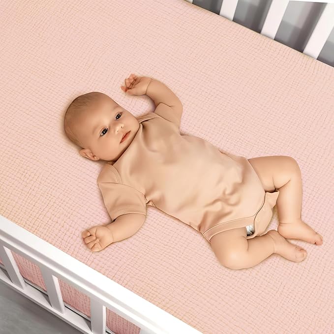 Pro Goleem 2 Pack Muslin Crib Sheets for Girls, Soft Breathable Fitted Cotton Baby Bed Sheets Set for Standard Crib Mattress & Toddler Mattress 52"x28", (Pink＆Purple)