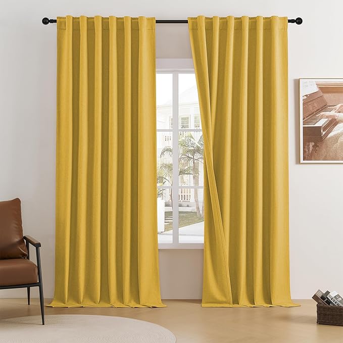 DUALIFE Gold Yellow Blackout Linen Curtains 96 Inches Long Back Tab Heat Full Light Block Out Curtains 2 Panels for Bedroom Windows Textured Long Draperies Floor to Ceiling Length 8 Ft W50 x L96