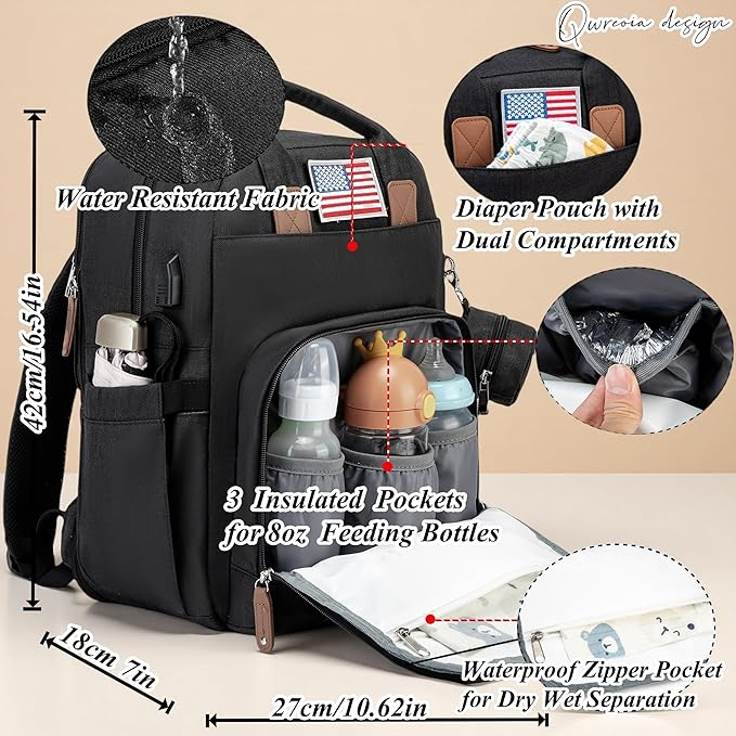 Expandable Diaper Bag Backpack for Dad and Mom – Large Capacity Baby Diaper Bag with Premium Leather, Changing Pad, Insulated Bottle Pockets, Stroller Straps, Laptop Sleeve – Black Travel Diaper Bag