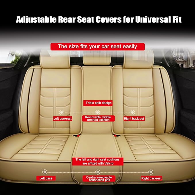 Amooca Car Seat Covers Full Set Automotive Seat Protection Fit for Most Cars SUVs Front & Back Seats Waterproof Nappa Leather Car Seat Cushion Protector Beige