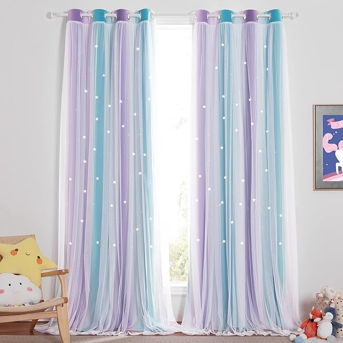 NICETOWN Girls Curtains for Bedroom Kids Room Decor White Mosquito Net & Blackout Ombre Drapes, Mix & Match Star Cut Curtain Panels for Nursery (Teal & Purple, Each is W52 x L84, Sold by 2 PCs)