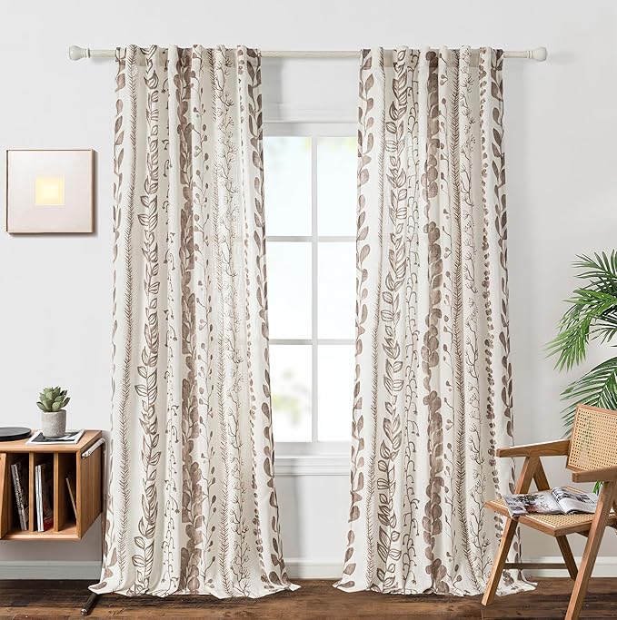 MEETSKY Flax Linen Boho Curtains 95 Inches, 2 Panels Light Filtering Window Modern Cotton Curtain for Living Room Brown Leaf Printed Soft Rod Pocket Curtain for Bedroom Office, 52x95 Inch