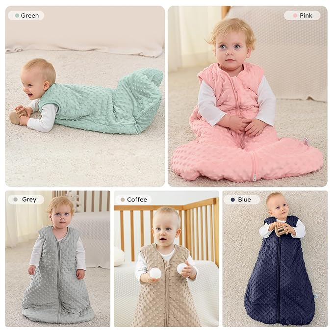 FILLEEP Fleece Baby Sleep Sack 6-12 Months 2.5 Tog with Plush Dots, Winter Baby Wearable Blanket for Infant Toddler Sleeping Sack 2-Way Zipper Warm Sleepsack, Green