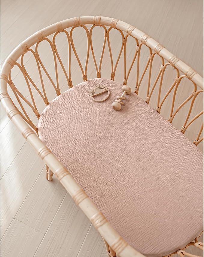 Konssy 2 Pack Muslin Fitted Bassinet Sheets for Girl Boy, Soft Breathable Baby Bassinet Sheets Fit for Baby Bassinets, Cradle, Moses Basket Oval Rectangle Pad/Mattress (Pink,Summer Wheat)
