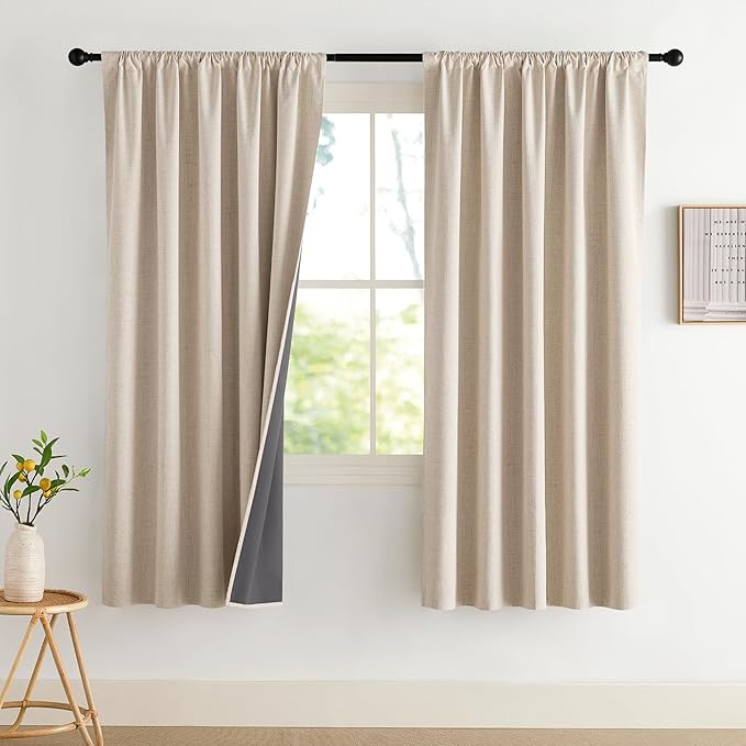 NICETOWN Cream Linen 100% Blackout Curtains, 2 Panels Set, 52 x 72 Inches, Rod Pocket Style, Thermal Insulated Room Darkening Drapes for Bedroom, Living Room, Nursery, Modern Farmhouse Decor