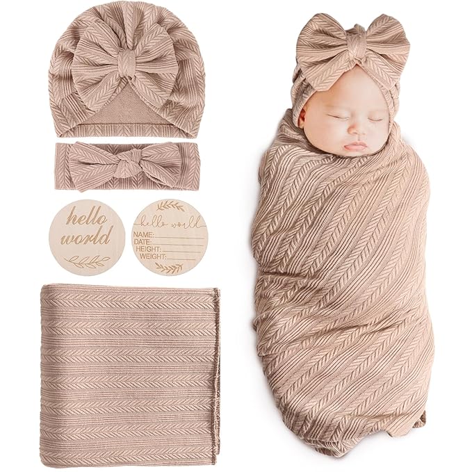 DRESHOW BQUBO Baby Swaddle Blankets for Girls, 4PCS Newborn Accessories Set with Matching Hat and Bow Headband with Hello World Wooden Birth Announcement Card