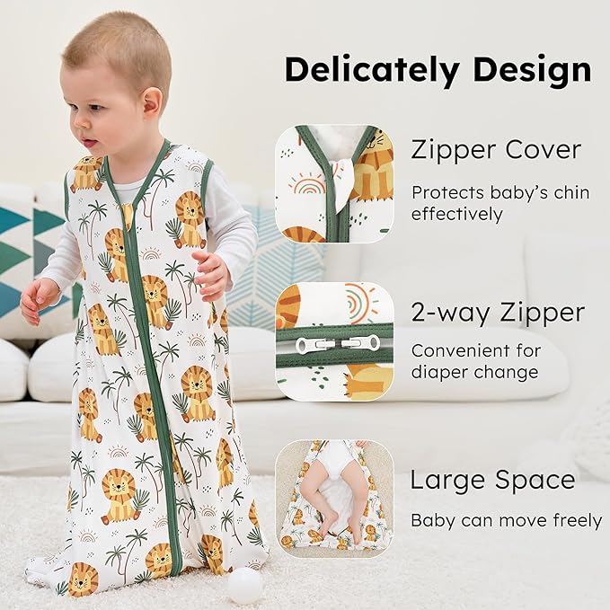 FIEMOL Baby Sleep Sack 18-24 months, 100% Cotton Sleeping Sack for Toddler, 3 Pack Baby Wearable Blanket, 0.5 Tog Lightweight Double Zipper Sleep Bag XLarge Brown Green Lion