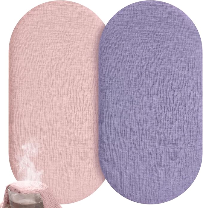 Muslin Bassinet Sheets Boy Girl, 100% Cotton Fitted Bassinet Sheet Set 2 Pack Bassinet Mattress Sheets Universal Fit for Rectangle, Round, Oval, Hourglass Mattress, Soft Breathable
